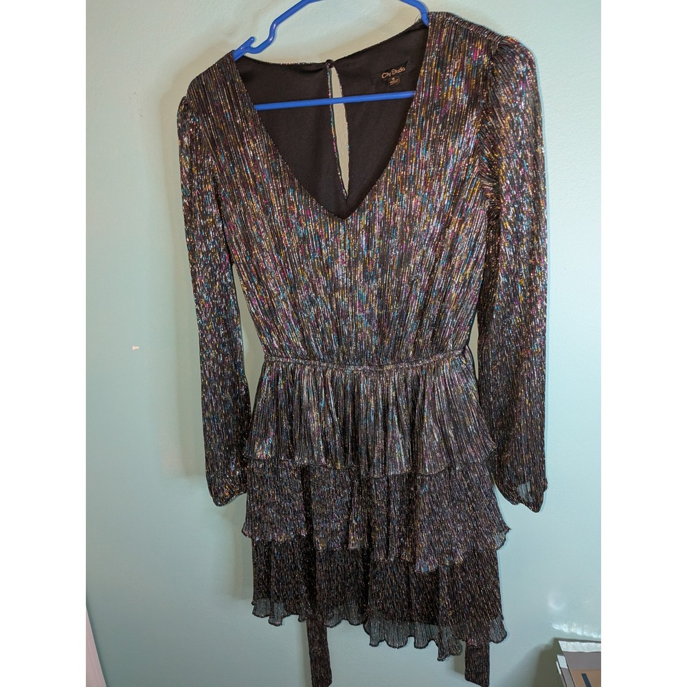 City Studio Womens Metallic Multi Color Pleated Tiered Ruffle Mini Dress Small